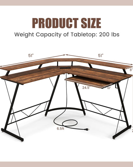 Giantex L Shaped Computer Desk with Power Outlet, 51" Corner Computer Desk with Monitor Stand and Reversible Keyboard Tray