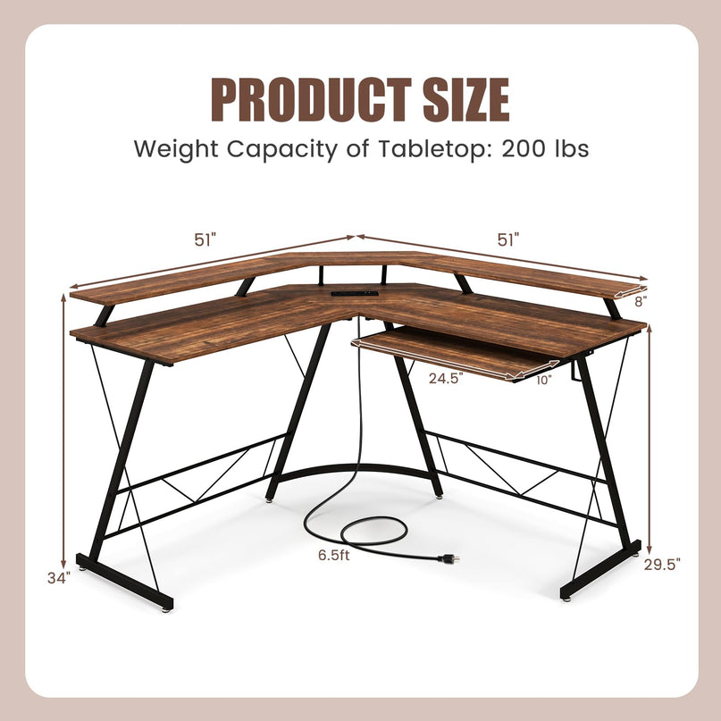 Giantex L Shaped Computer Desk with Power Outlet, 51" Corner Computer Desk with Monitor Stand and Reversible Keyboard Tray