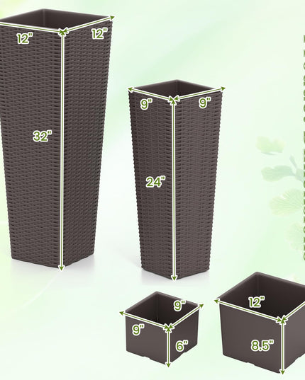 Giantex Rattan Tall Planter Set of 2 Outdoor Large Tapered Planters with Removable Inner Trays