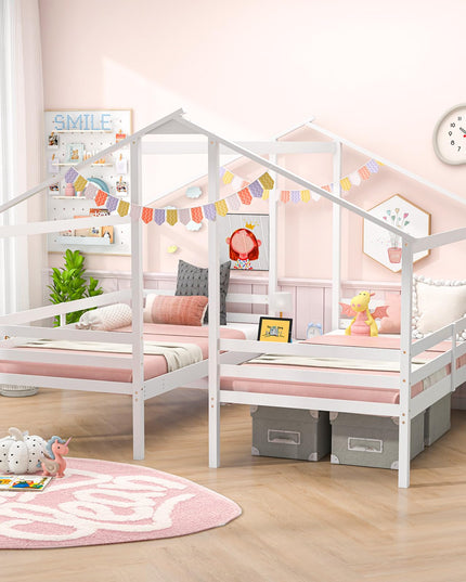Giantex Double Twin Bed Frames for Kids, Wood House Shaped Platform with Built-in Nightstand & USB Port