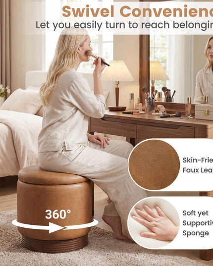 Giantex Round Ottoman with Storage 360° Swivel Faux Leather Vanity Stool