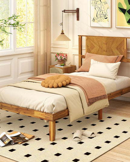 Lit plateforme Giantex Mid-Century Modern en bois d'acacia avec tête de lit et support à lattes en bois