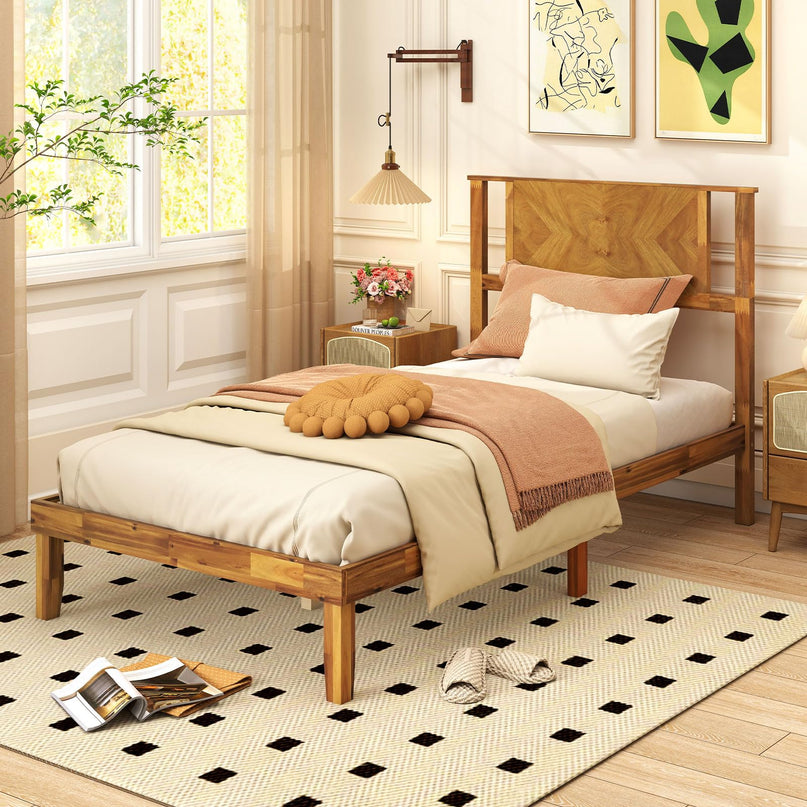 Giantex Mid-Century Modern Acacia Wood Platform Bed with Headboard & Wooden Slats Support