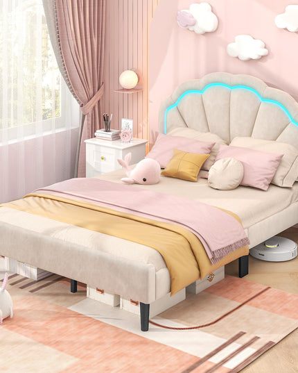 Giantex Full Size LED Bed Frame, Velvet Upholstered Full Platform Bed with Adjustable Cloud Headboard