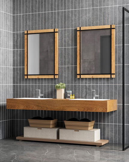 CHARMAID Wall Mirror, Farmhouse Vanity Mirror with Solid Wood Frame, Hanging Hooks