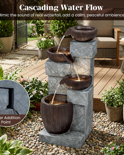 Giantex 4-Tier Cascading Bowls Waterfall Fountain with Warm LED Lights & Pump