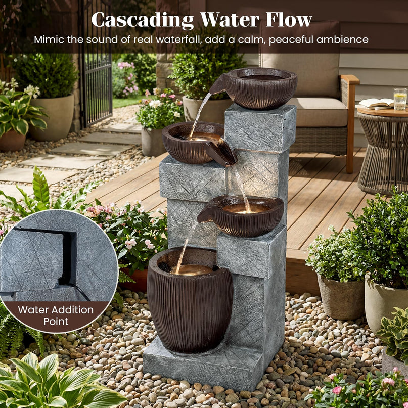 Giantex 4-Tier Cascading Bowls Waterfall Fountain with Warm LED Lights & Pump