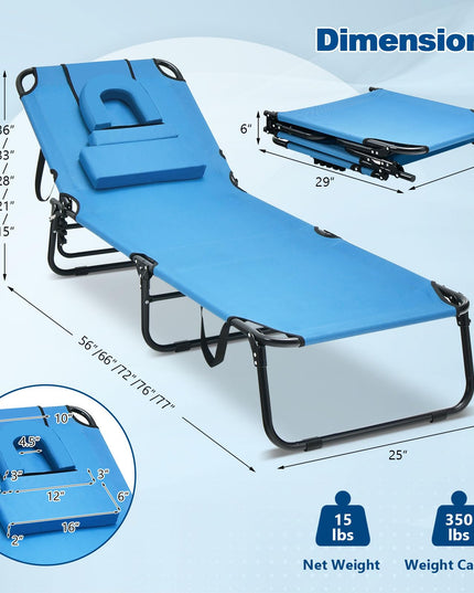 Giantex Folding Beach Tanning Chair - Adjustable Patio Lounge Chair w/Face Hole, Removable Pillows, Carry Strap