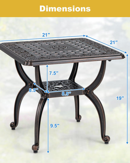 Giantex 21” Patio Bistro Table, Cast Aluminum Outdoor Side Table with Storage Shelf