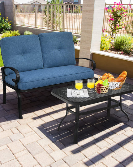 Giantex 2 Pcs Patio Loveseat with Coffee Table Outdoor Bench with Cushion and Metal Frame
