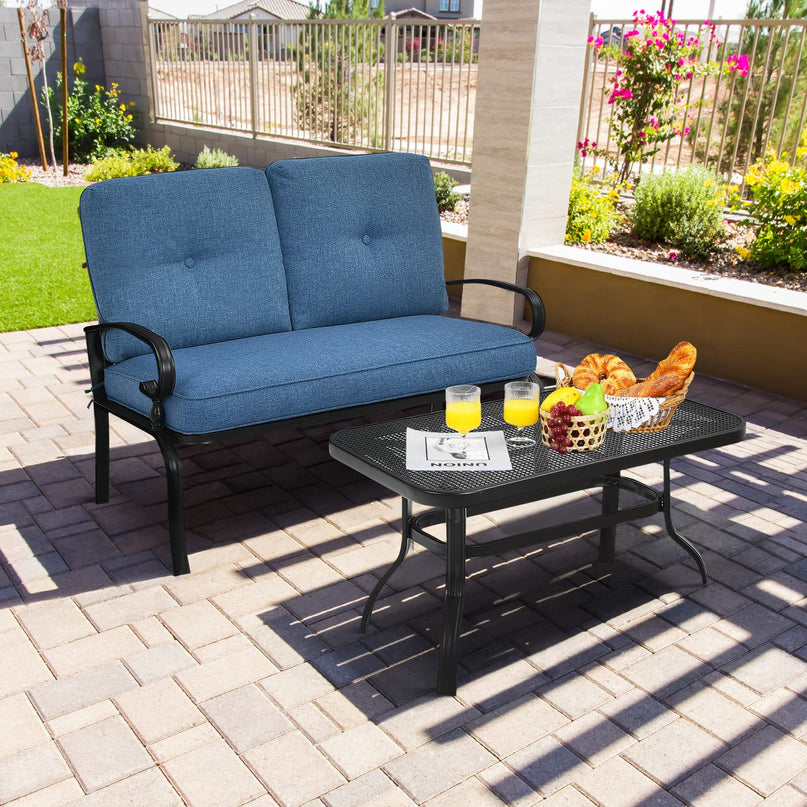 Giantex 2 Pcs Patio Loveseat with Coffee Table Outdoor Bench with Cushion and Metal Frame