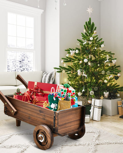 Giantex Wooden Wagon Planter Box, Decorative Wagon Cart with Wheels, Handles