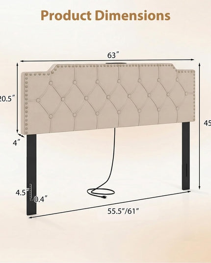 Giantex Headboard with Charging Station Queen/Full Size Rivet Tufted Upholstered（Riveted Diamond Tufting with Charging）