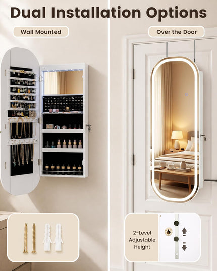 CHARMAID Wall Mount & Over the Door LED Full Length Mirror Jewelry Cabinet