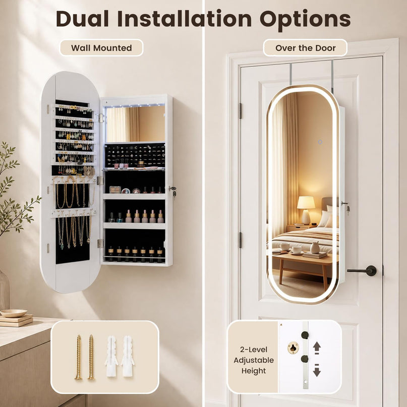 CHARMAID Wall Mount & Over the Door LED Full Length Mirror Jewelry Cabinet