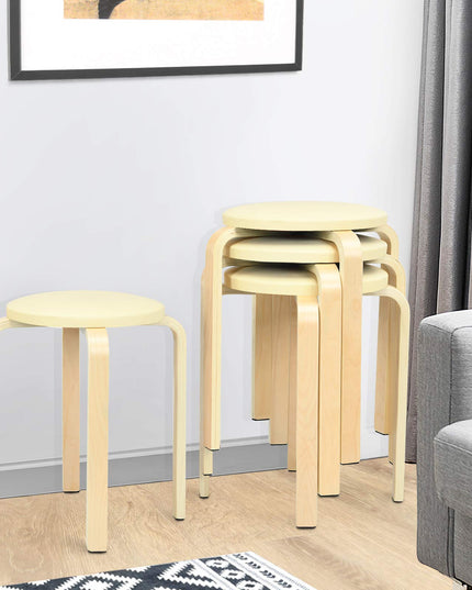 4-Pack Bentwood Stack Stools, 18.5-Inch Portable Stools with PU Leather Round Top, Non-Slip Foot Mats