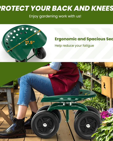 Giantex Garden Cart, Rolling Workseat with 4 Wheels, Garden Stool 360-degree Swivel Work Seat & Adjustable Heigh