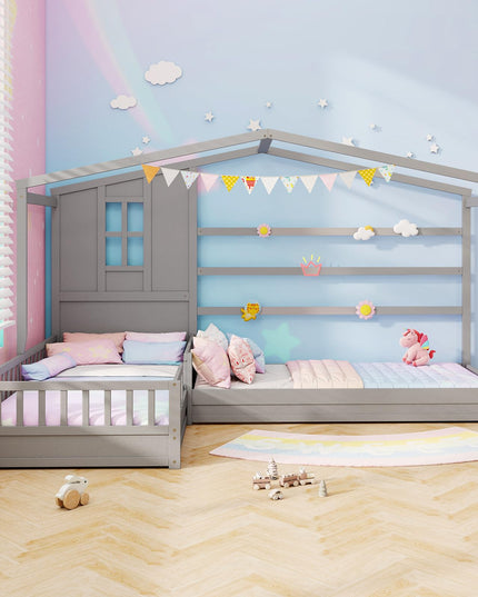 Giantex Double Twin Beds for Kids, House L-Shaped Platform Beds with Window & Fences