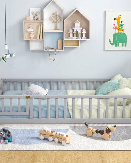 Giantex Twin Floor Bed with Door & Fence, Kids Wood Montessori Bed with Safety Guardrails