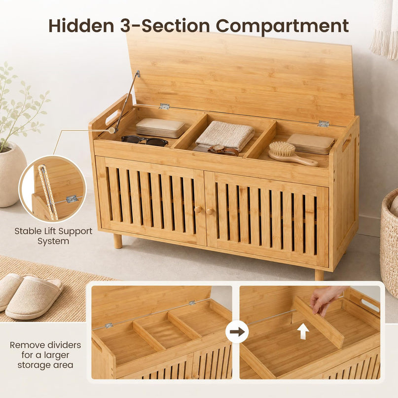 GIANTEX 36" Bamboo Shoe Storage Bench with Lift Top & Cushion