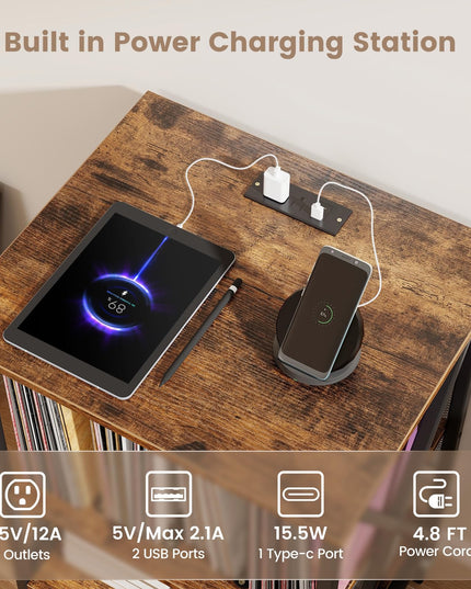 Giantex Record Player Stand with Charging Station, Turntable Stand with Record Storage & 4 Rolling Wheels