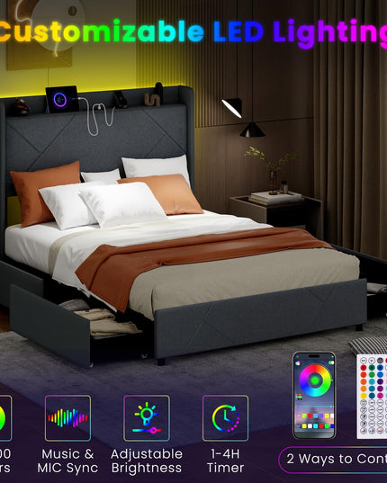 Giantex Full/Queen Size Bed Frame with 4 Storage Drawers & LED Lights, Headboard & Charging Station, Wooden Slats, Easy Assembly, Grey