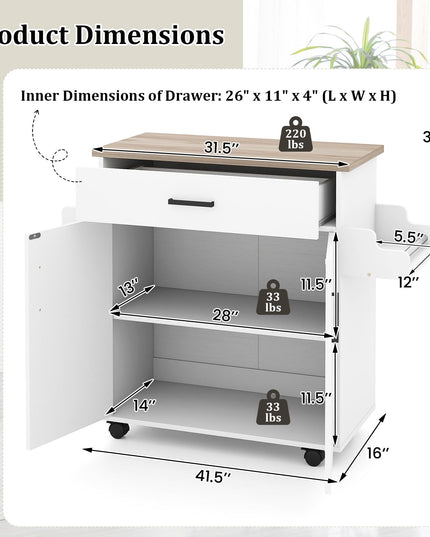Giantex 41.5" W Rolling Kitchen Island with Storage