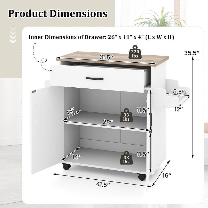 Îlot de cuisine roulant Giantex 41,5" de large avec rangement
