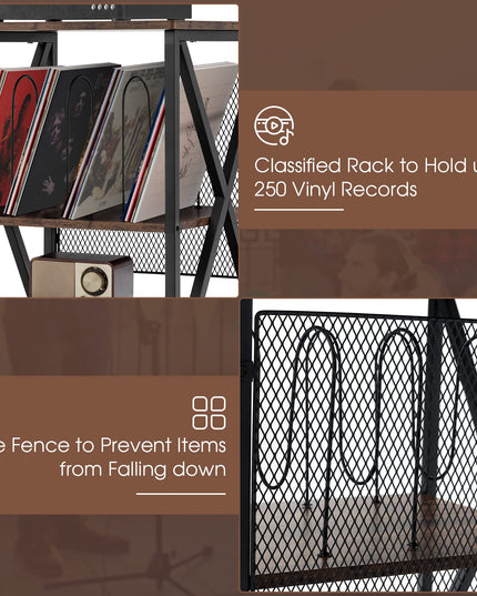 Giantex Record Player Stand, Vinyl Record Storage Table w/ 3 M-shaped Dividers & 4 Rolling Wheels, Rustic Brown