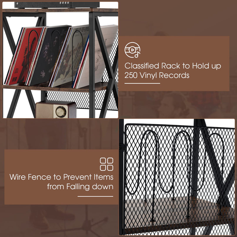 Giantex Record Player Stand, Vinyl Record Storage Table w/ 3 M-shaped Dividers & 4 Rolling Wheels, Rustic Brown