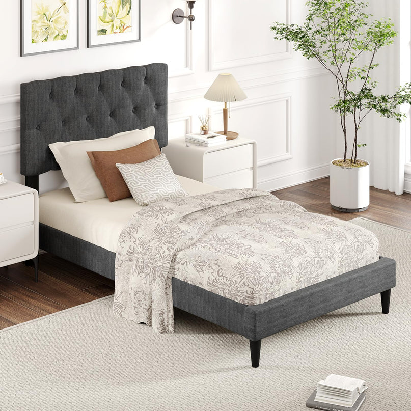 Modern Upholstered Platform Bed Frame with Diamond Tufting Headboard