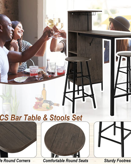Giantex 3 Pieces Bar Table and Stools Set, Bistro Table Set with Glass Holder (Brown)