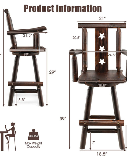 Brown Bar Stool, 29’’ Solid Fir Wood Bar Chair with Footrest, Decorative Star Backrest, Wide Armrest, Rustic Kitchen Stool