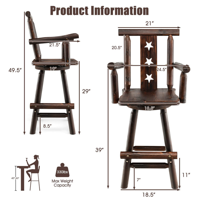 Brown Bar Stool, 29’’ Solid Fir Wood Bar Chair with Footrest, Decorative Star Backrest, Wide Armrest, Rustic Kitchen Stool