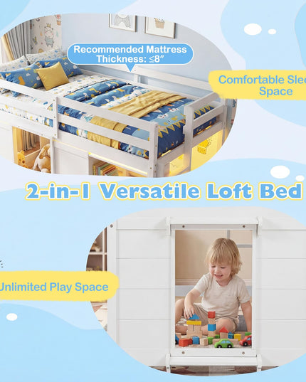 Giantex Loft Bed Twin Size with LED Lights with Under-Bed Play Space & Storage Bookcase