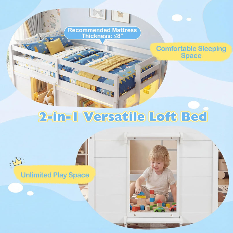 Giantex Loft Bed Twin Size with LED Lights with Under-Bed Play Space & Storage Bookcase