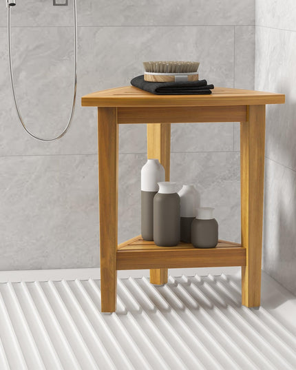 Giantex Corner Shower Bench - Teak Wood Shower Stool with Storage Shelf