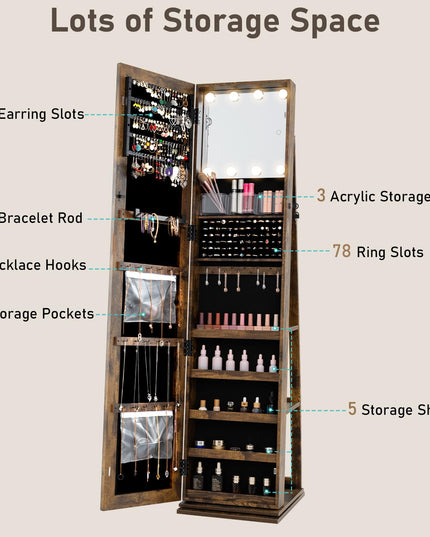 Swivel Jewelry Armoire with Full Length Mirror & Lighted Makeup Mirror