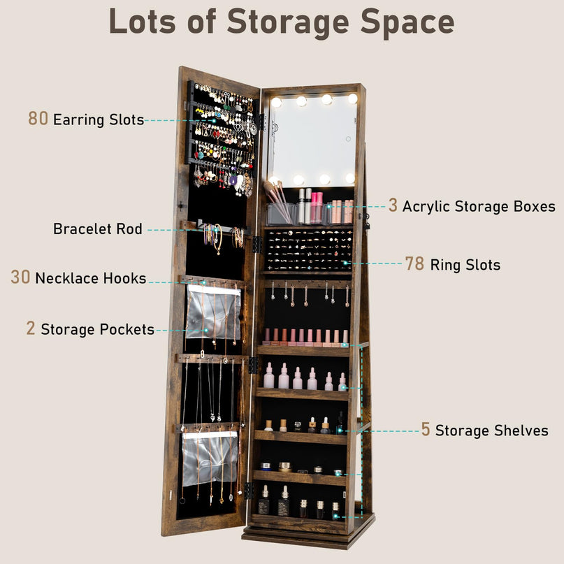 Swivel Jewelry Armoire with Full Length Mirror & Lighted Makeup Mirror