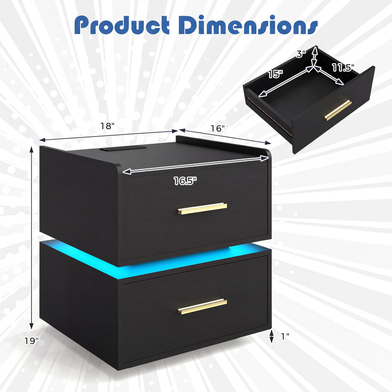 Giantex Semi-Floating LED Night Stand with Charging Station & 2 Storage Drawers (1/2)