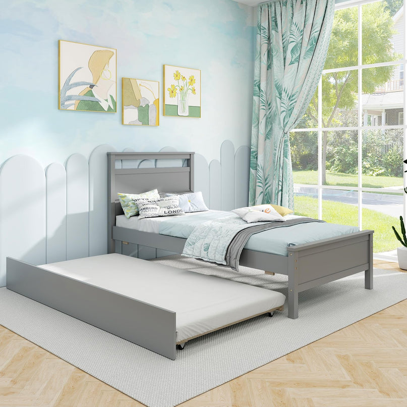Giantex Trundle Bed Twin, Wood Day Bed Frame with Headboard & Footboard