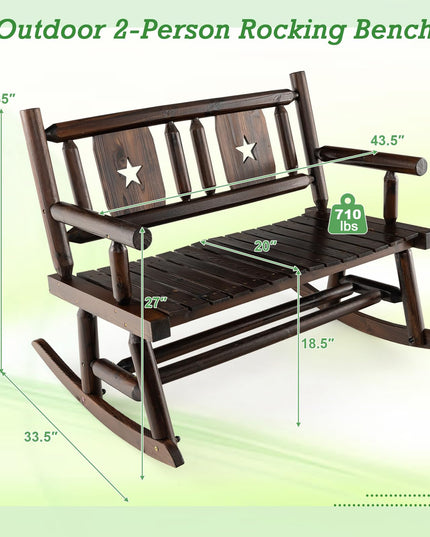 Giantex Outdoor Rocking Bench, Patio Loveseat Rocker for 2 w/Ergonomic Back & Log Arms, Carbonized Fir Wood Frame