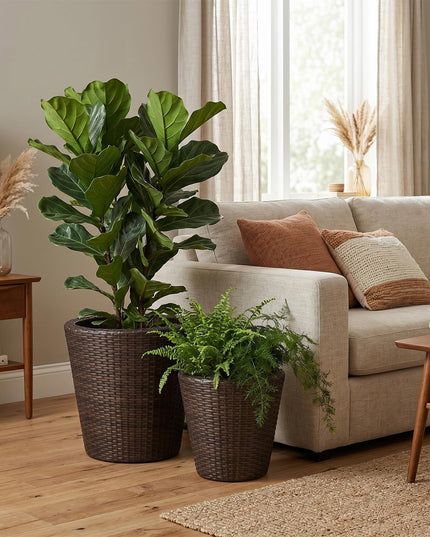 Giantex 15 Inch & 11.5 Inch Taper Rattan Planters with Drainage Holes and Saucers
