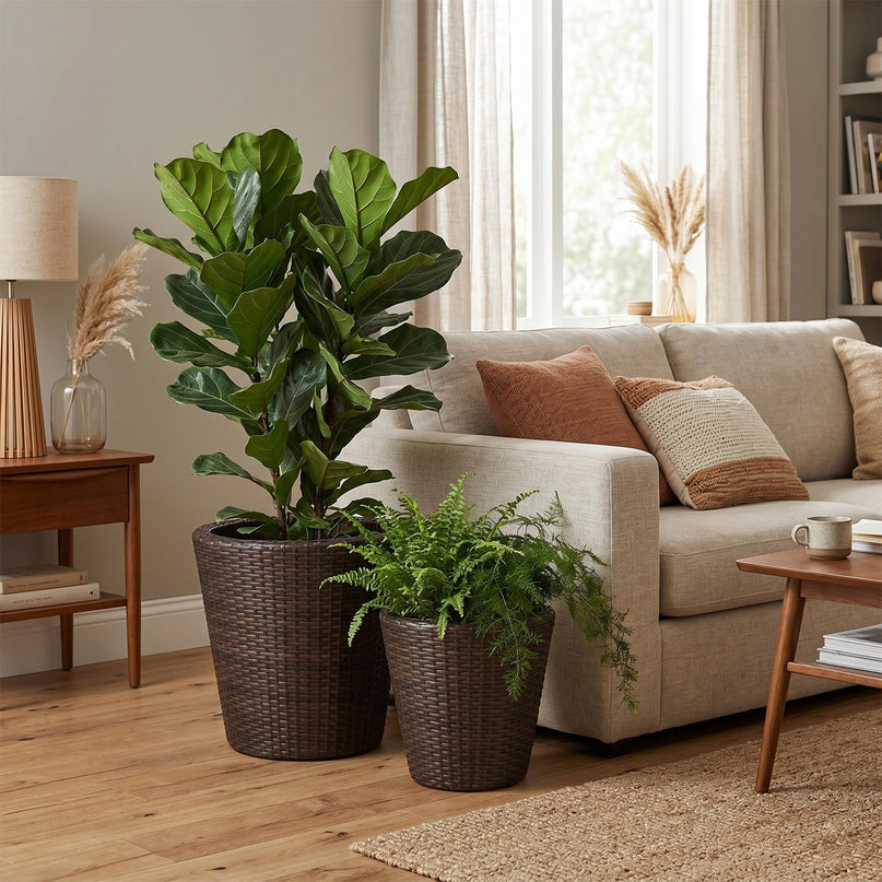 Giantex 15 Inch & 11.5 Inch Taper Rattan Planters with Drainage Holes and Saucers