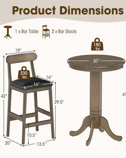 Giantex Ensemble Table de Bar 3 Pièces en Bois pour 2, Tables de Bistrot Rondes et 2 Chaises de Salle à Manger