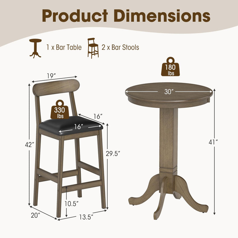 Giantex Ensemble Table de Bar 3 Pièces en Bois pour 2, Tables de Bistrot Rondes et 2 Chaises de Salle à Manger