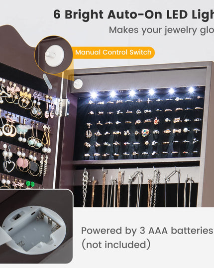 CHARMAID 6 LEDs Rolling Jewelry Cabinet with High Full Length Mirror, Lockable Standing Jewelry Armoire with Wheels