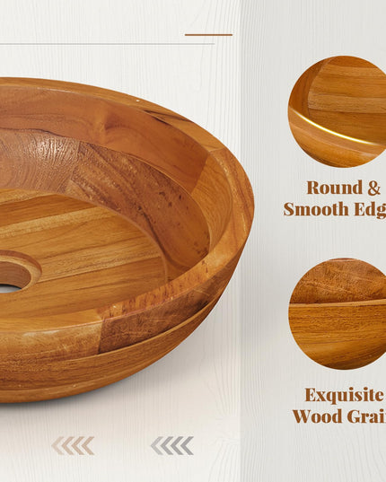 Giantex Teak Wood Vessel Sink - Bathroom Washbasin with Smooth Finish, Round Corner (16” x 16” x 4” Bowl-shaped)