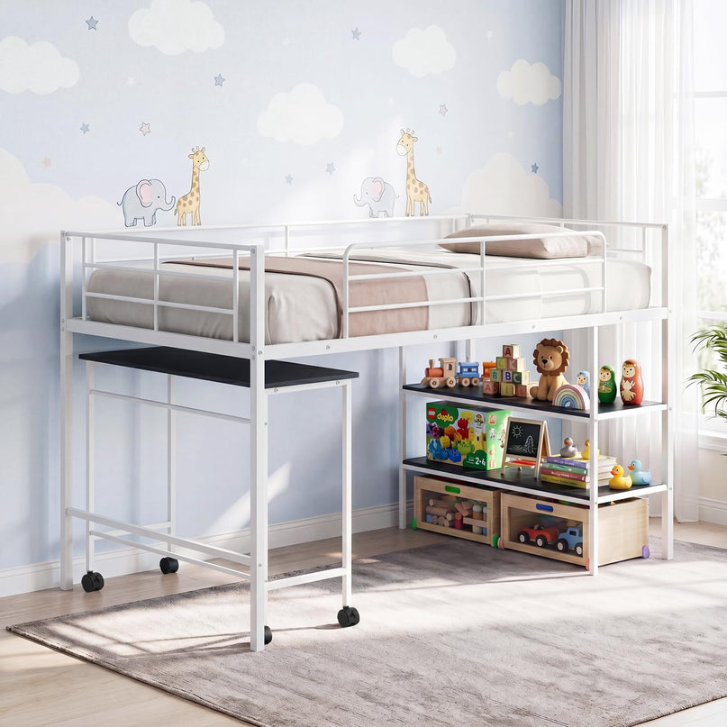 Giantex Low Loft Bed with Desk & Bookshelf Twin Size Platform Bedframe