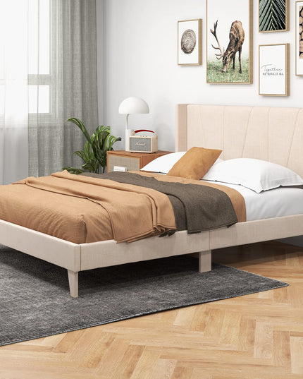 Giantex Queen/Full Bed Frame with Geometric Wingback Headboard, Modern Beige Bed